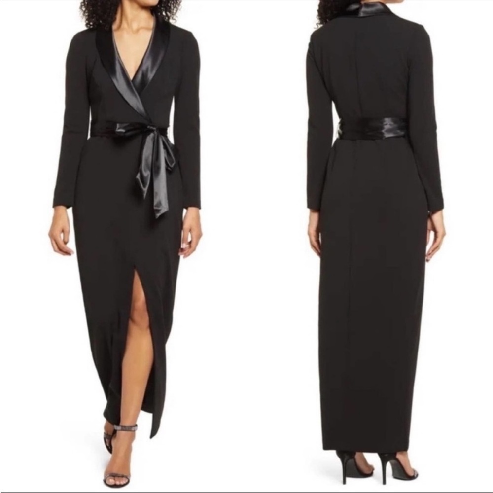 NEW Eliza J Long Sleeve Black Satin Collar Tuxedo Gown Dress Size 6